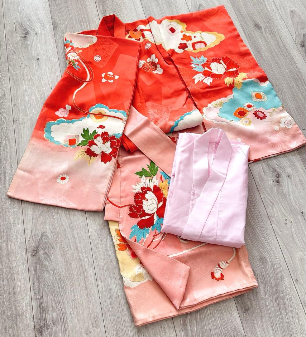 アンティーク 女児 お宮参り 祝い着 赤ピンクぼかし 金彩 金駒刺繍 長襦袢付き