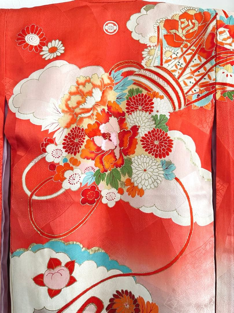 アンティーク 女児 お宮参り 祝い着 赤ピンクぼかし 金彩 金駒刺繍 長襦袢付き