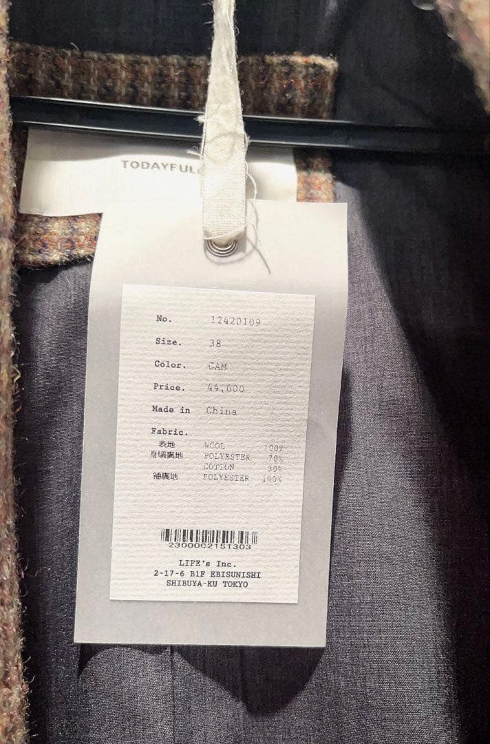 新品　todayful Wool100% Check Jacket