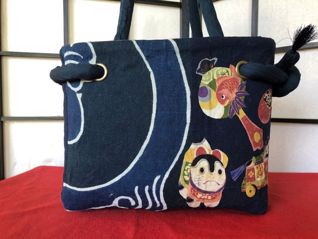 一閑張り　一閑張りバック　　　　藍染 筒がき　正絹古布　犬張子　狛犬