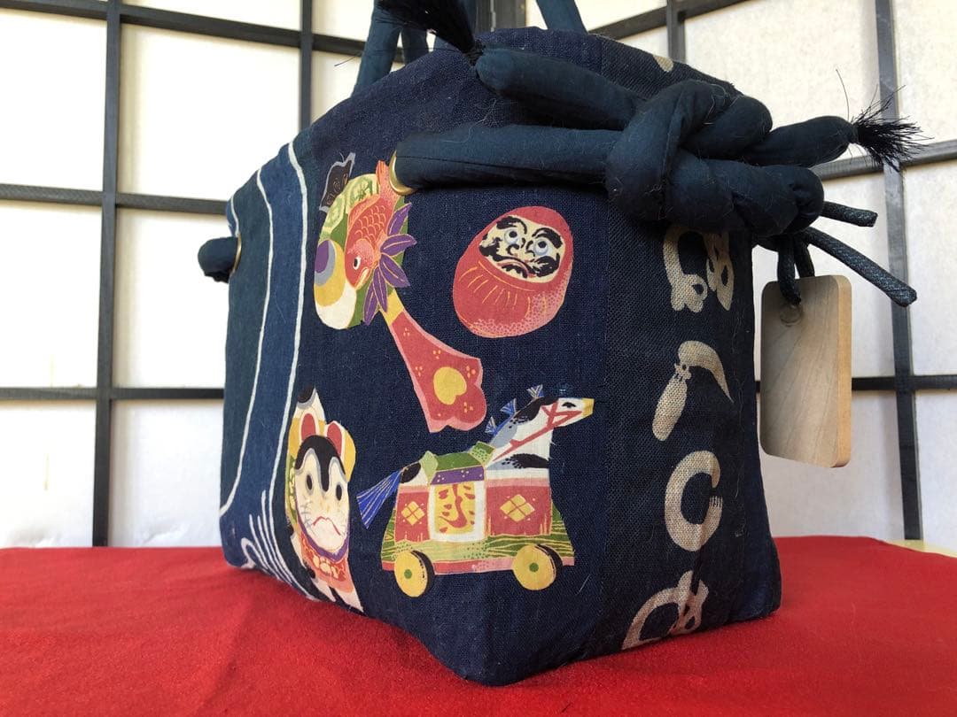 一閑張り　一閑張りバック　　　　藍染 筒がき　正絹古布　犬張子　狛犬