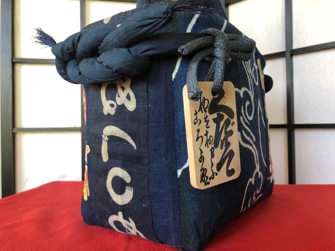 一閑張り　一閑張りバック　　　　藍染 筒がき　正絹古布　犬張子　狛犬