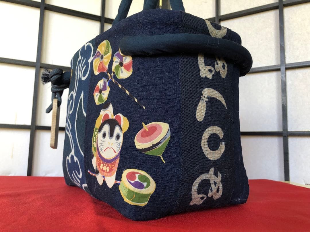 一閑張り　一閑張りバック　　　　藍染 筒がき　正絹古布　犬張子　狛犬