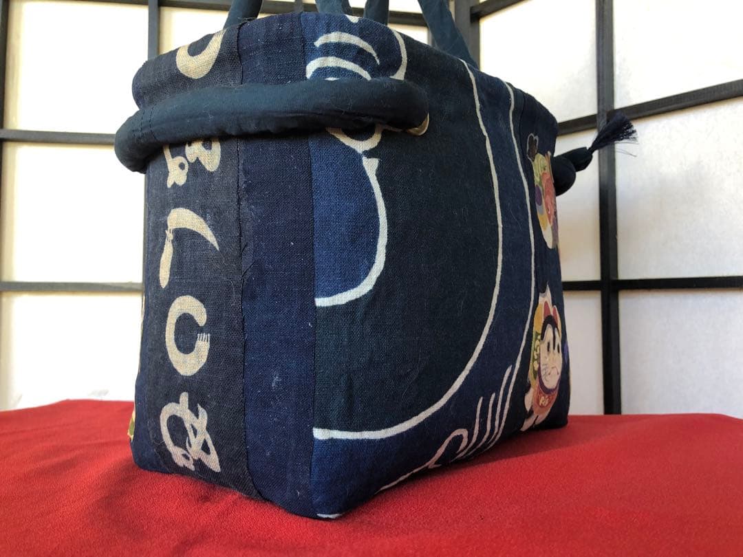 一閑張り　一閑張りバック　　　　藍染 筒がき　正絹古布　犬張子　狛犬