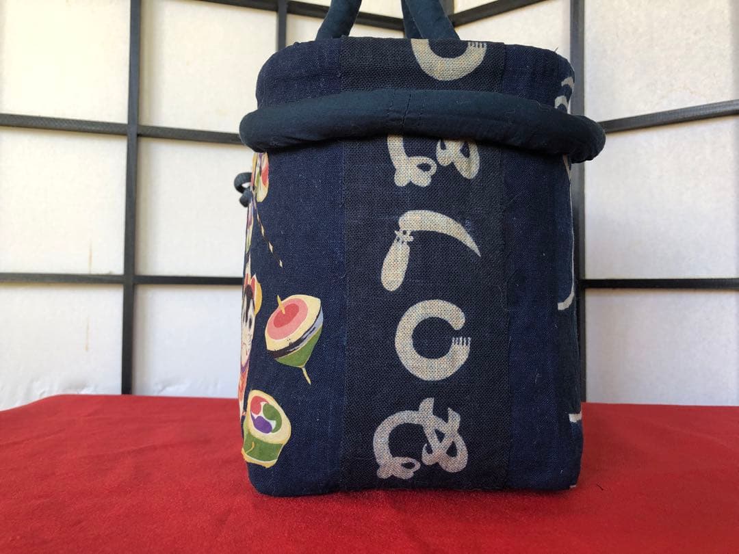 一閑張り　一閑張りバック　　　　藍染 筒がき　正絹古布　犬張子　狛犬