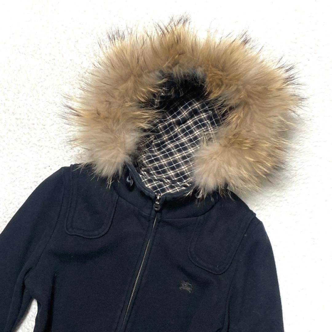 バーバリーブルーレーベル ロングパーカー ファー べプラム ブラック 38