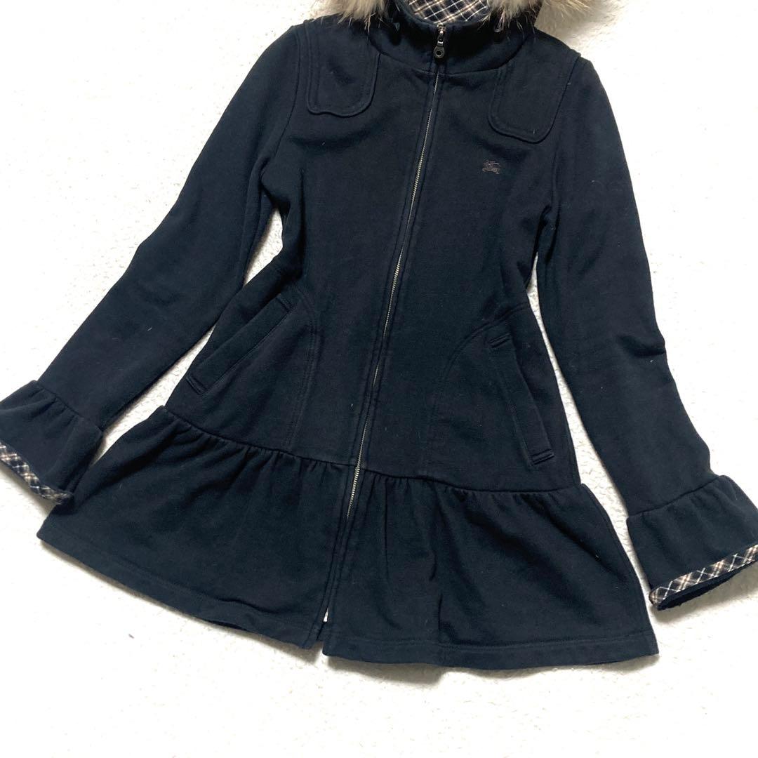 バーバリーブルーレーベル ロングパーカー ファー べプラム ブラック 38