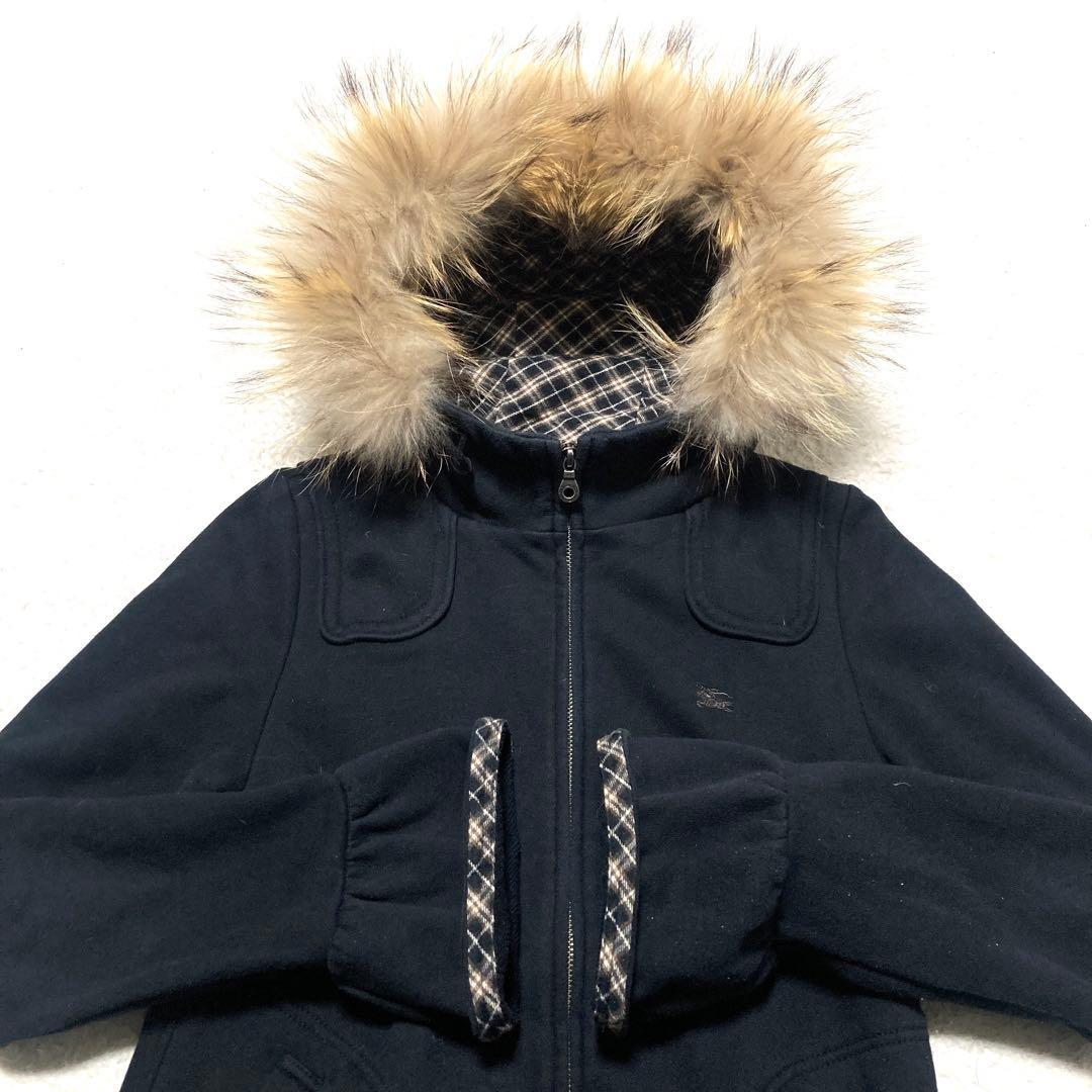 バーバリーブルーレーベル ロングパーカー ファー べプラム ブラック 38