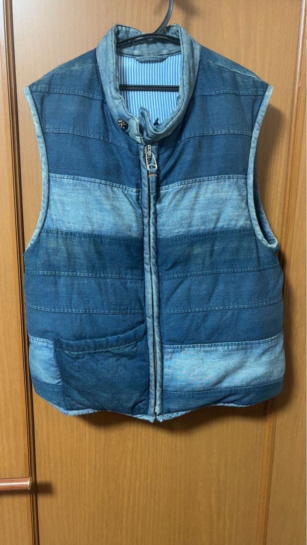 45R umie908 インディゴ染ダウンベスト デニムストライプ