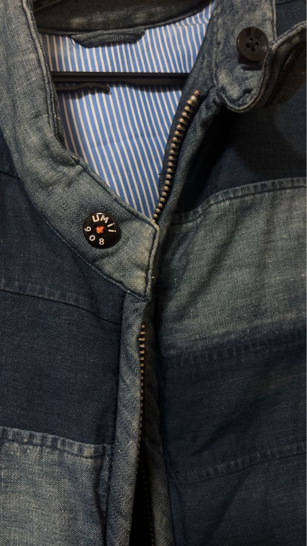 45R umie908 インディゴ染ダウンベスト デニムストライプ