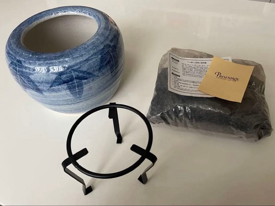 新品★未使用　火鉢+火箸+五徳+灰の4点セット　染付　紅葉　昭和レトロ