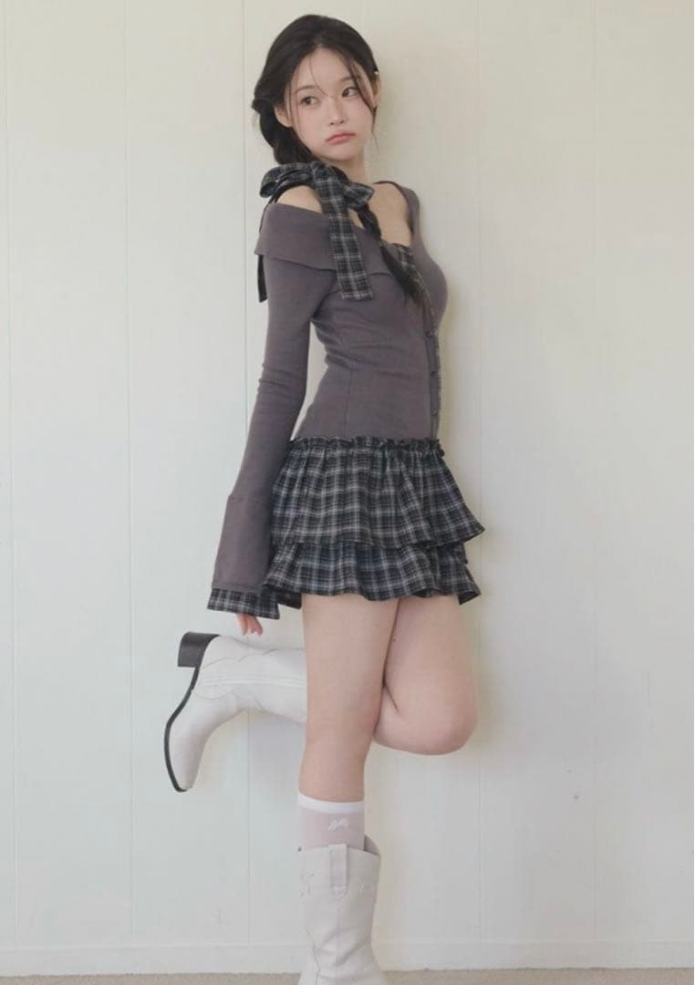 BUBBLES チェックリボンワンショルワンピース