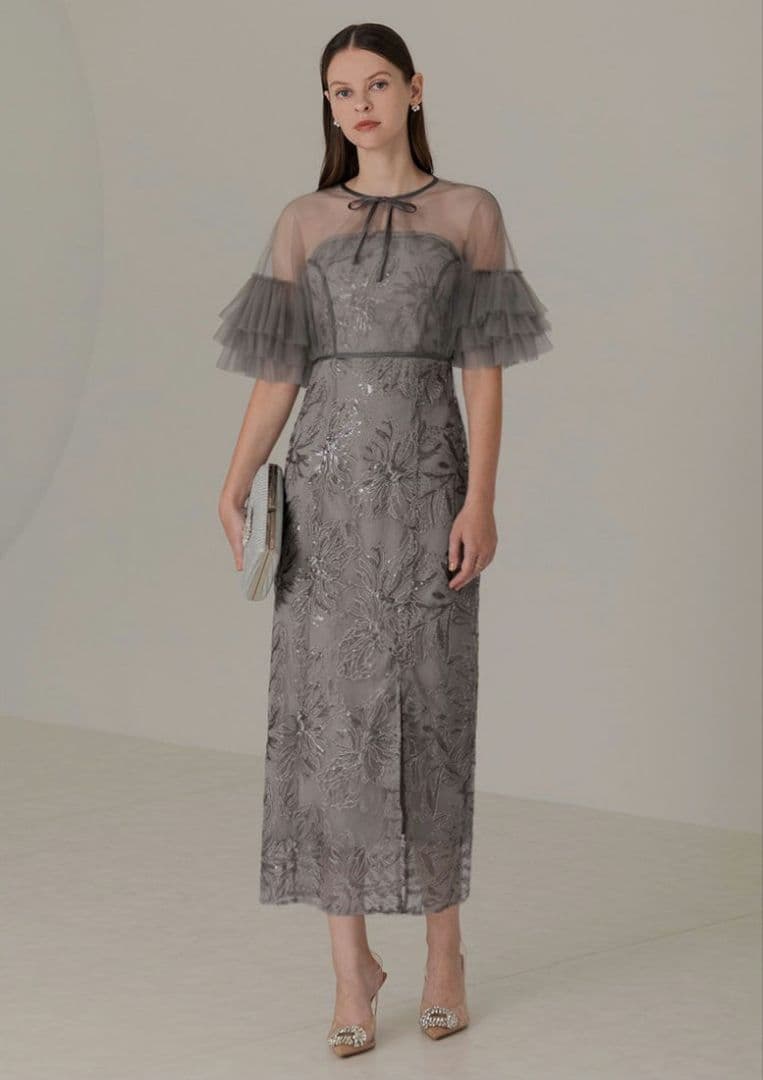 Leja チュールフリルリボンボレロスパンコール花柄刺繍ベアトップドレス