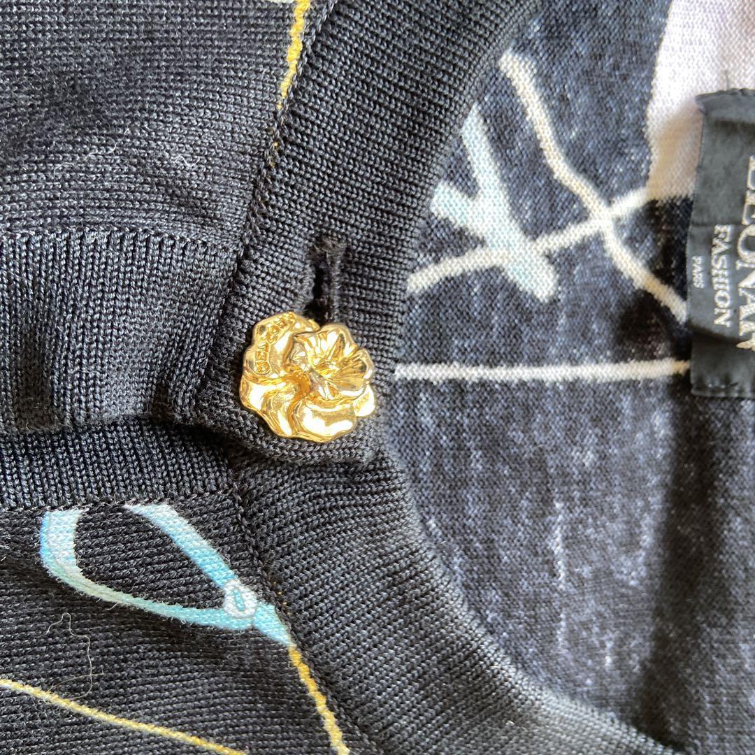 美品　レオナール　花柄ニットカーディガン　ブラック　綿　M 金ボタン　フラワー