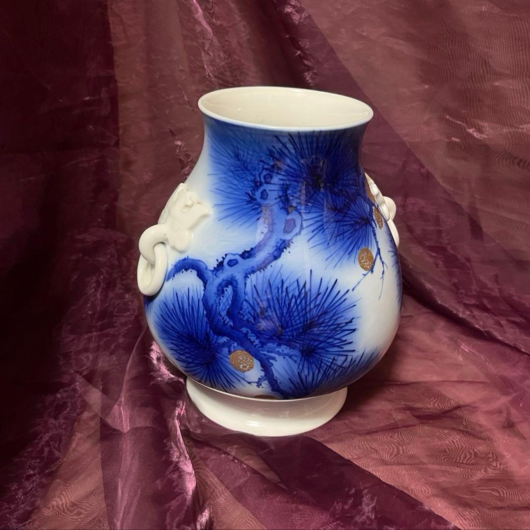 オールド香蘭社　染錦老松紋　耳付き花瓶　花瓶