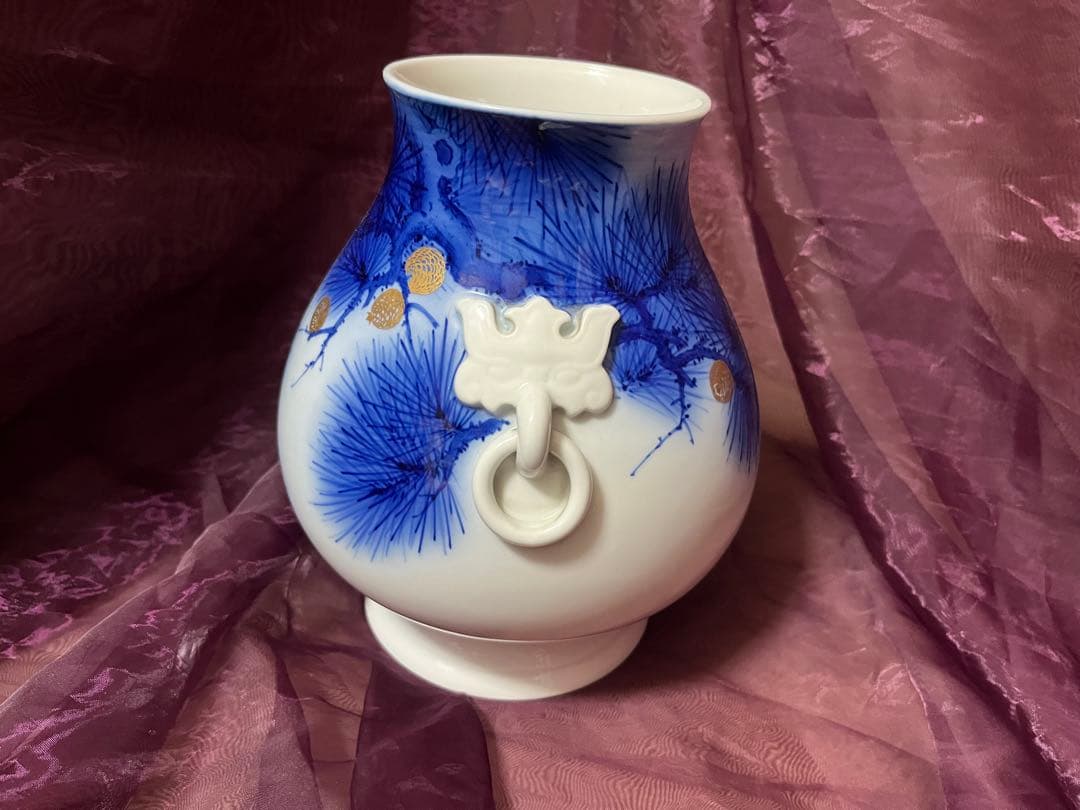 オールド香蘭社　染錦老松紋　耳付き花瓶　花瓶