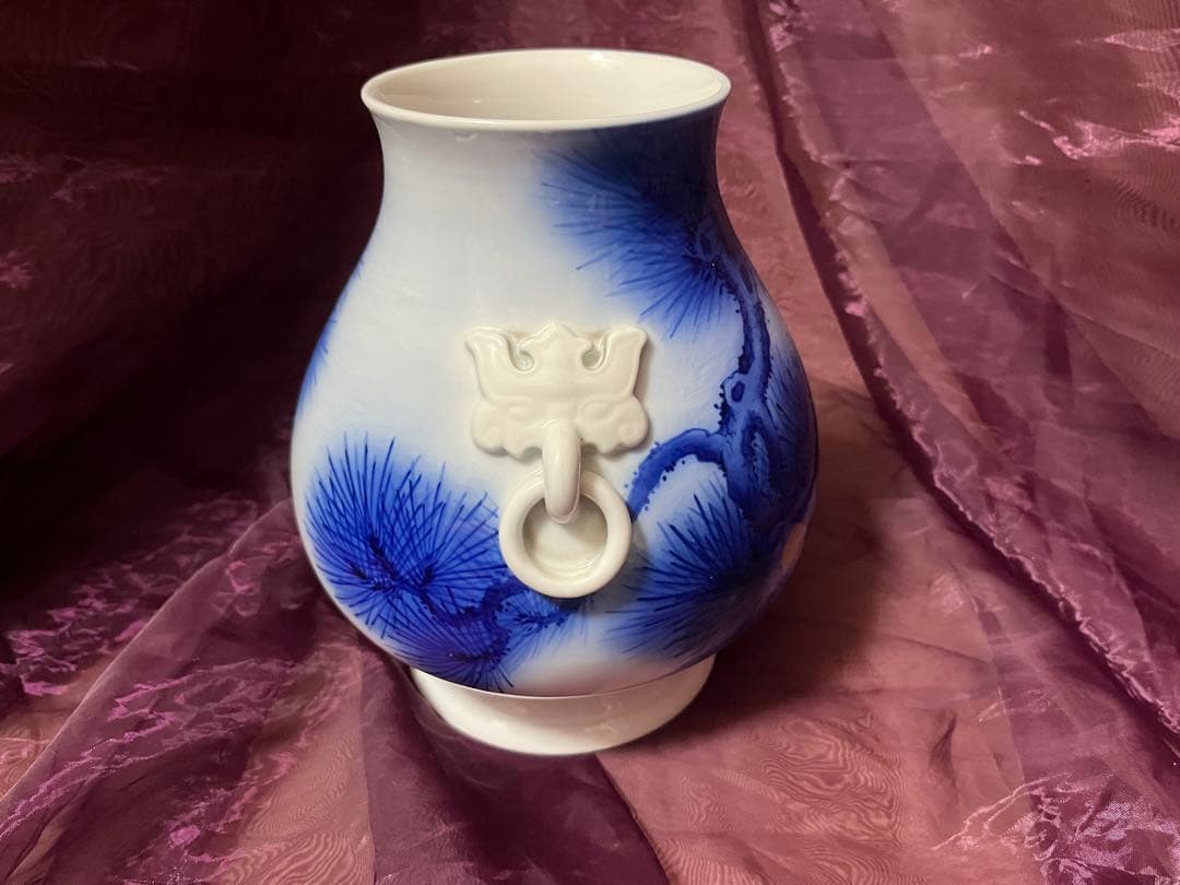 オールド香蘭社　染錦老松紋　耳付き花瓶　花瓶