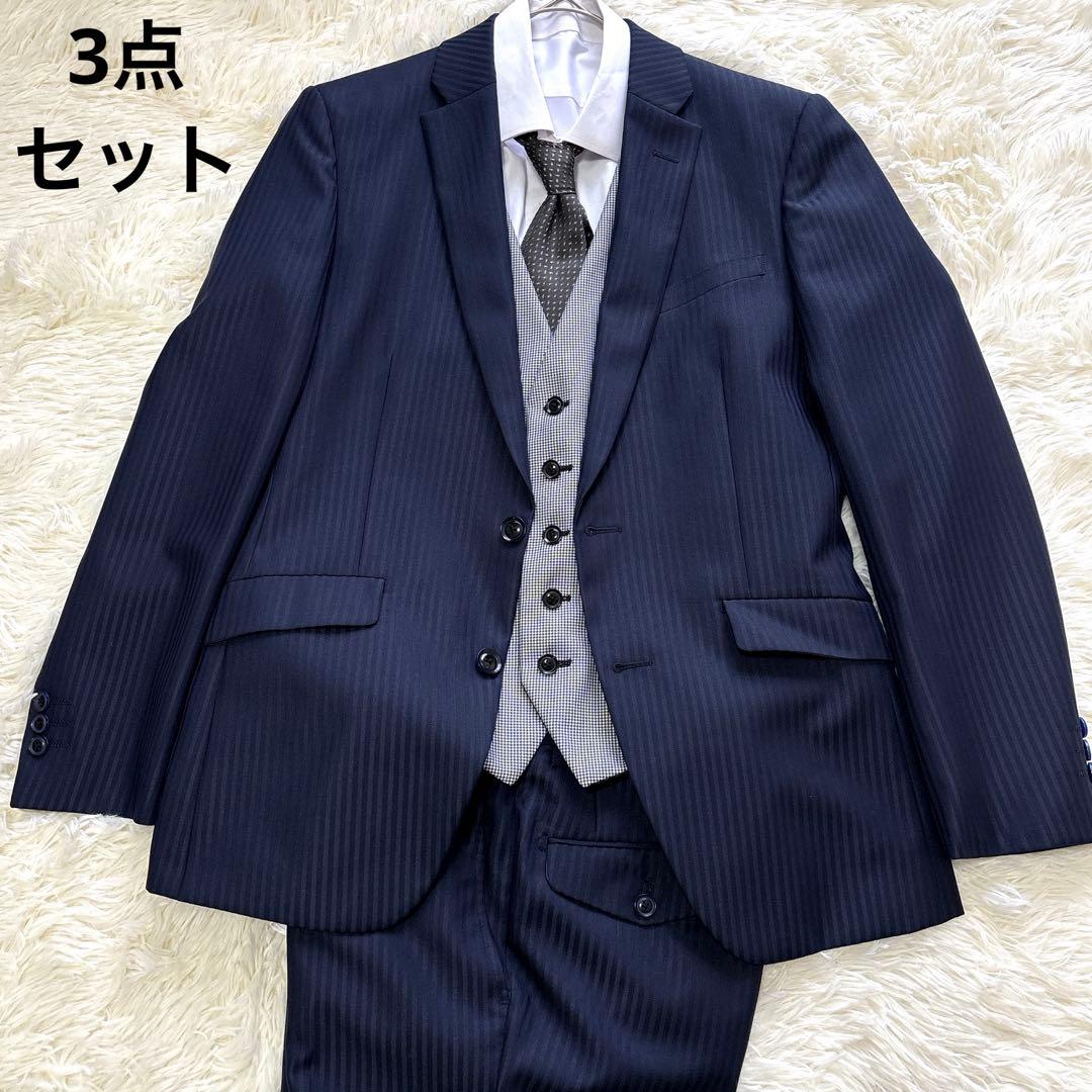 3ピース✨桂由美 ビジネス スーツ ネイビー ストライプ 92 A5 ウール混合