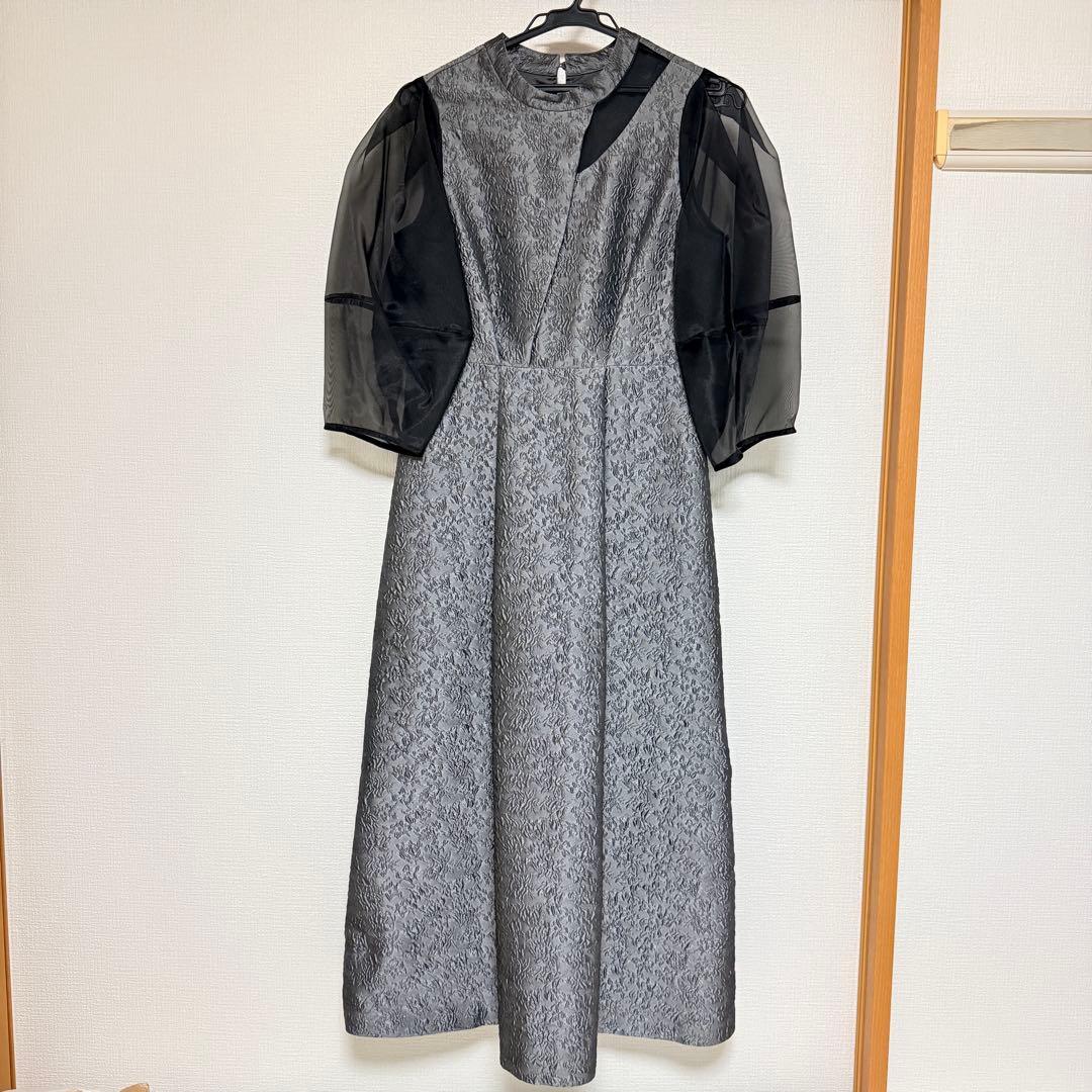 【美品】オケージョンドレス シースルー袖付きダークグレー
