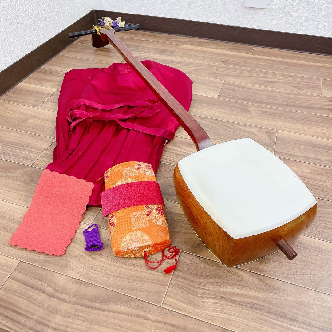 三味線 細棹 花梨 丸打胴 犬皮 和楽器　平溝