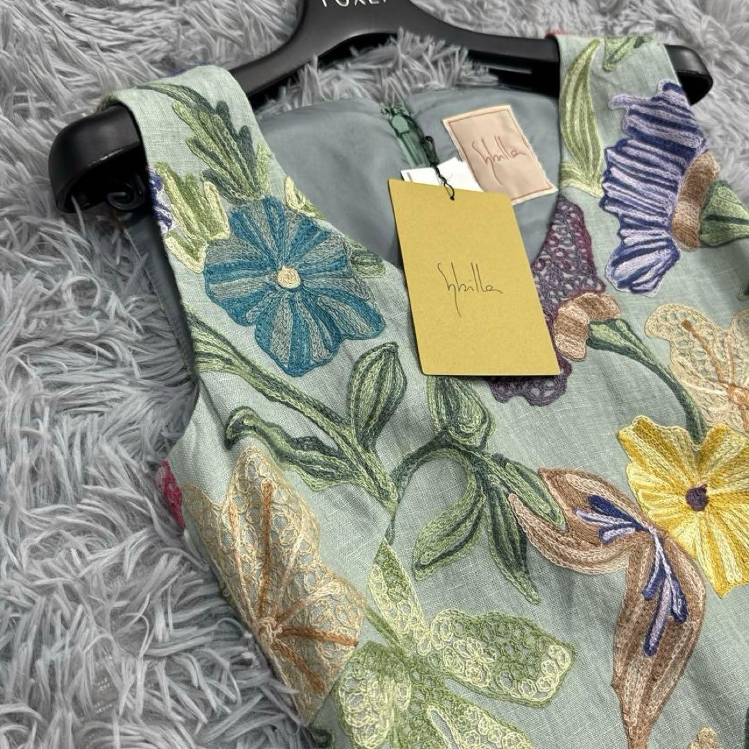 未使用✨希少✨シビラ フラワー刺繍フレアワンピース リネン 総柄 ノースリーブ