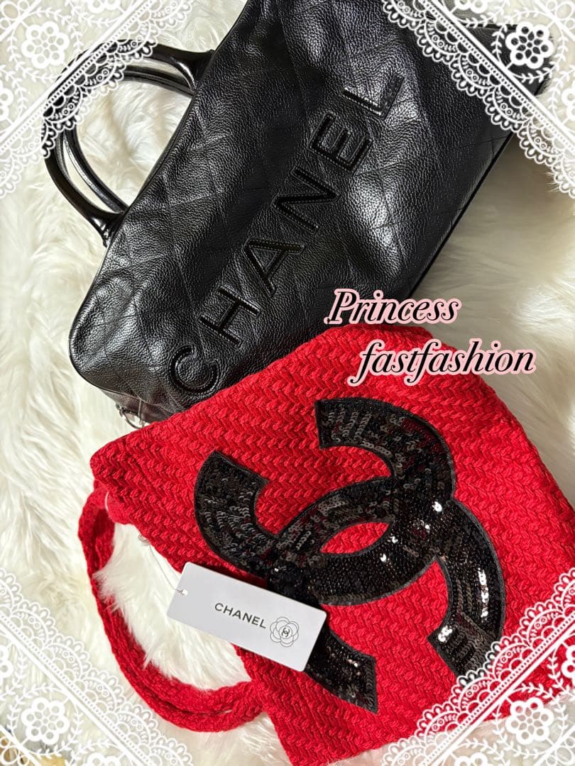 ら*ん様 シャネル CHANEL ニット編み レッド＆ブラック スパンコール ト