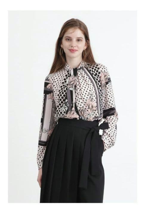 ラインブロックフラワープリントブラウス