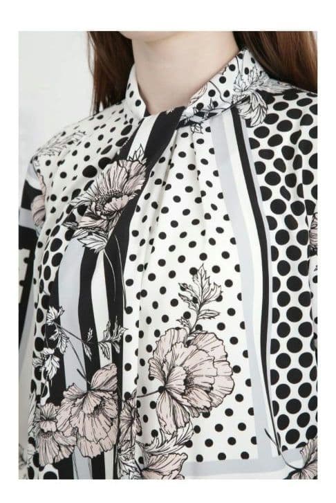 ラインブロックフラワープリントブラウス
