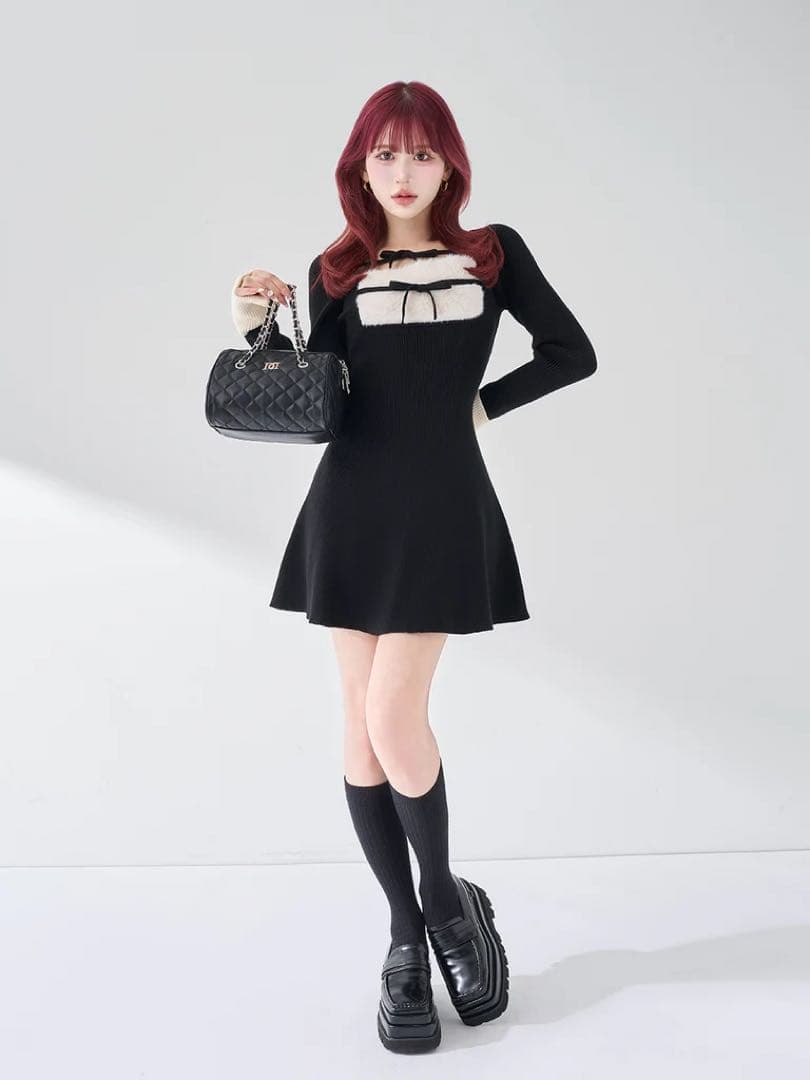 リボンファーフレアニットミニワンピース　ダーリッチ darich F