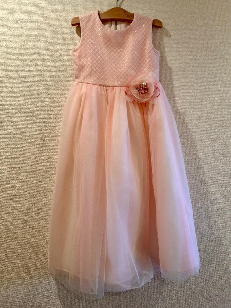 DRESCCO　ピーチピンクバイアスチェックスパンコールロングドレス　120