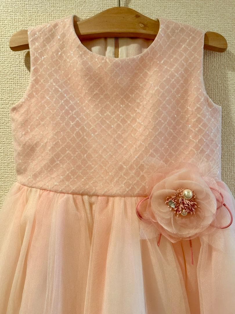 DRESCCO　ピーチピンクバイアスチェックスパンコールロングドレス　120