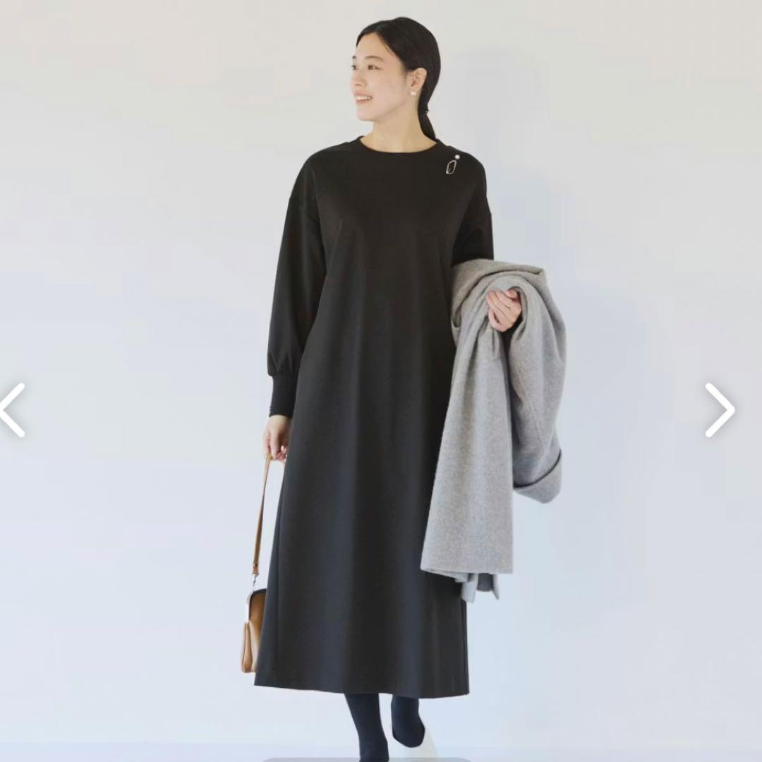 北欧、暮らしの道具店 ロングワンピース Aライン ブラック M ポンチ素材