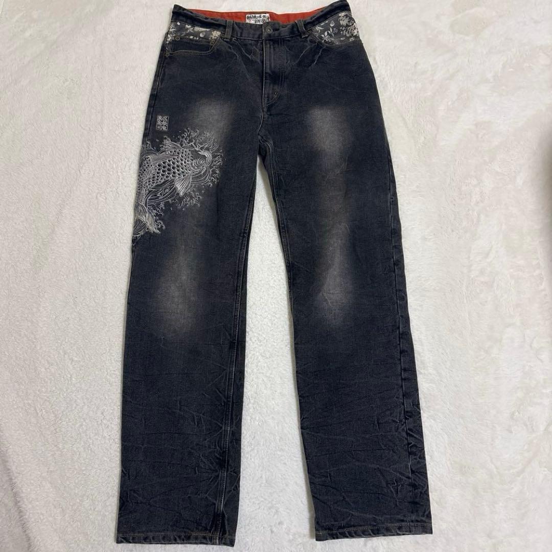 絡繰魂 Karakuri ブラックデニム W32 鯉刺繍 シルバー 5連ポケット