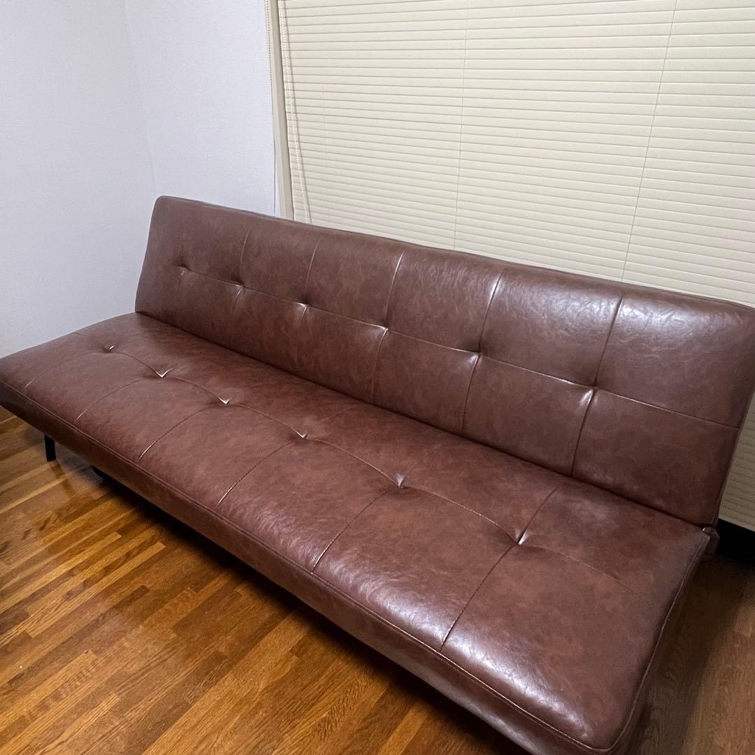 【送料込み】3人掛けレザーソファーベッド ブラウン