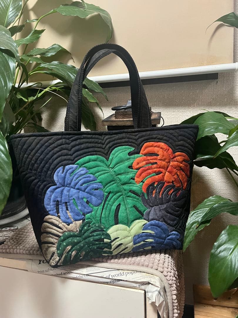 ハワイアンキルト　ハワイアンキルトバッグ　モンステラ　パッチワーク