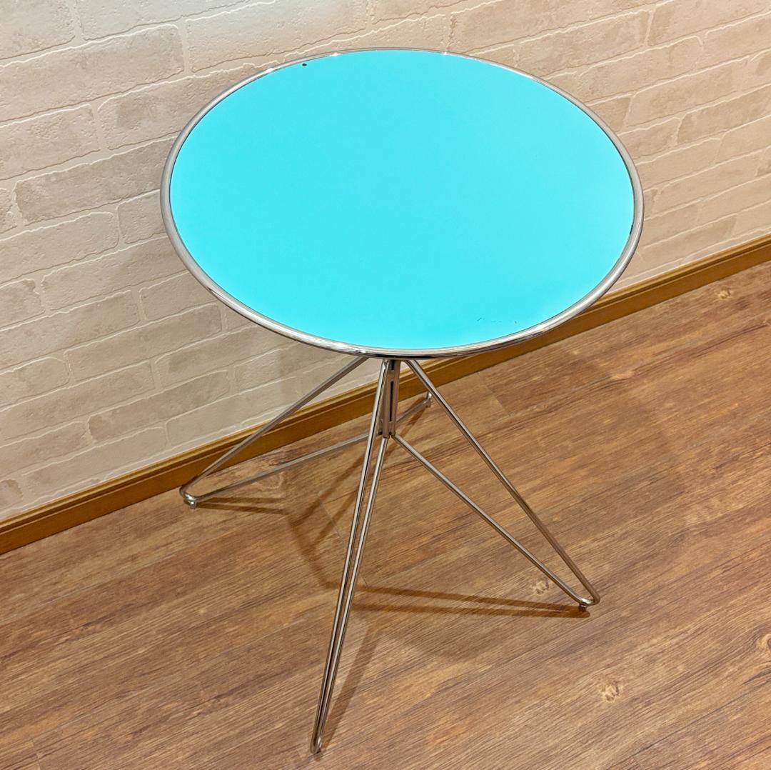 昭和レトロ オシャレ 水色円形サイドテーブル