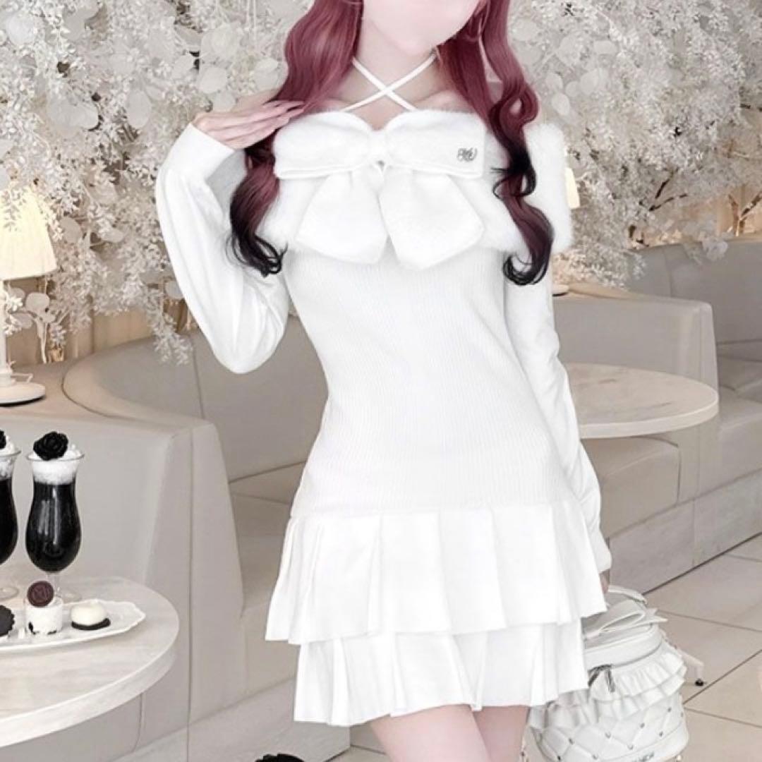 HONEY MEW ビッグリボンクロスオフショルワンピ ホワイト フリーサイズ