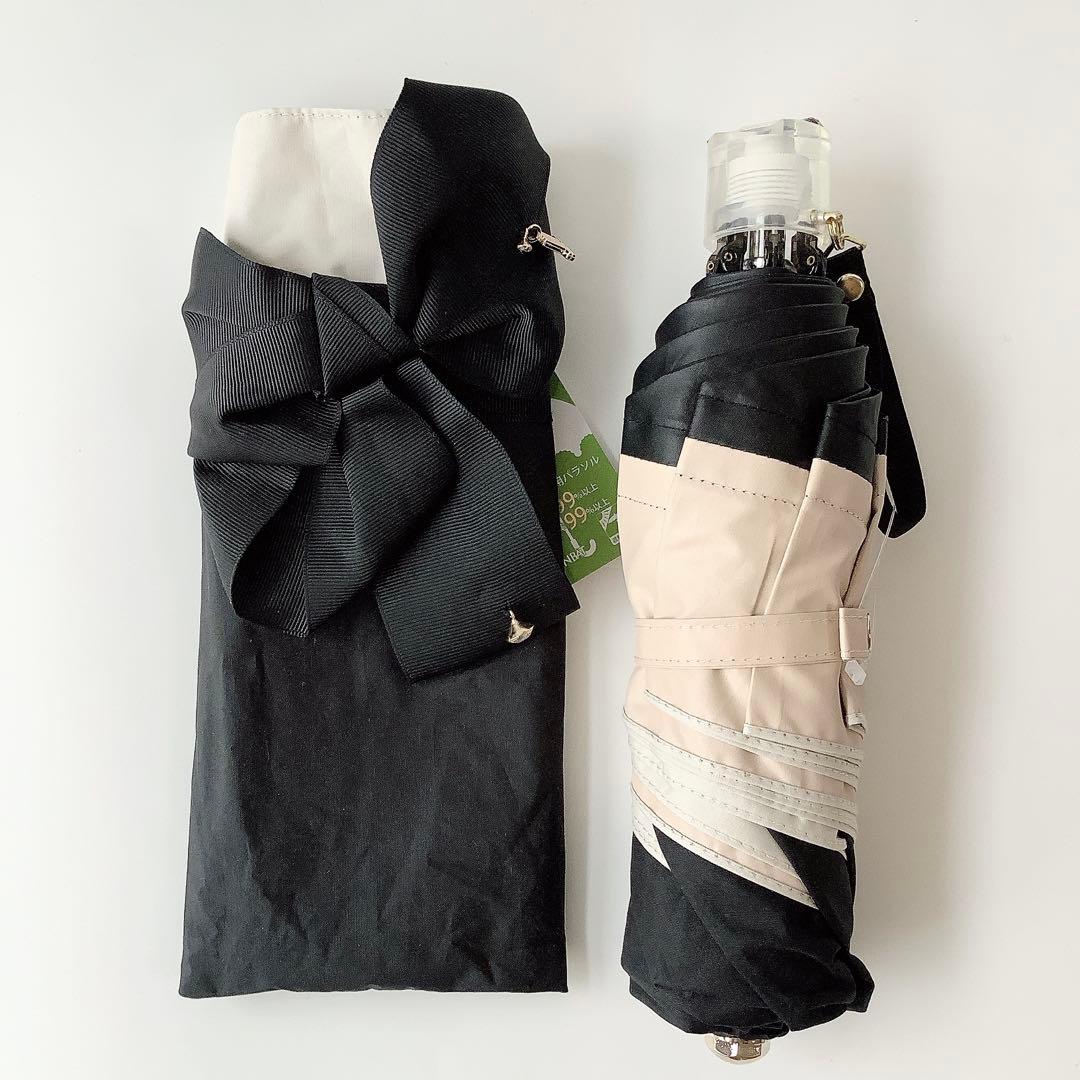 新品★ランバンオンブルー★ビジューリボン晴雨兼用 折りたたみ日傘 雨傘★ブラック