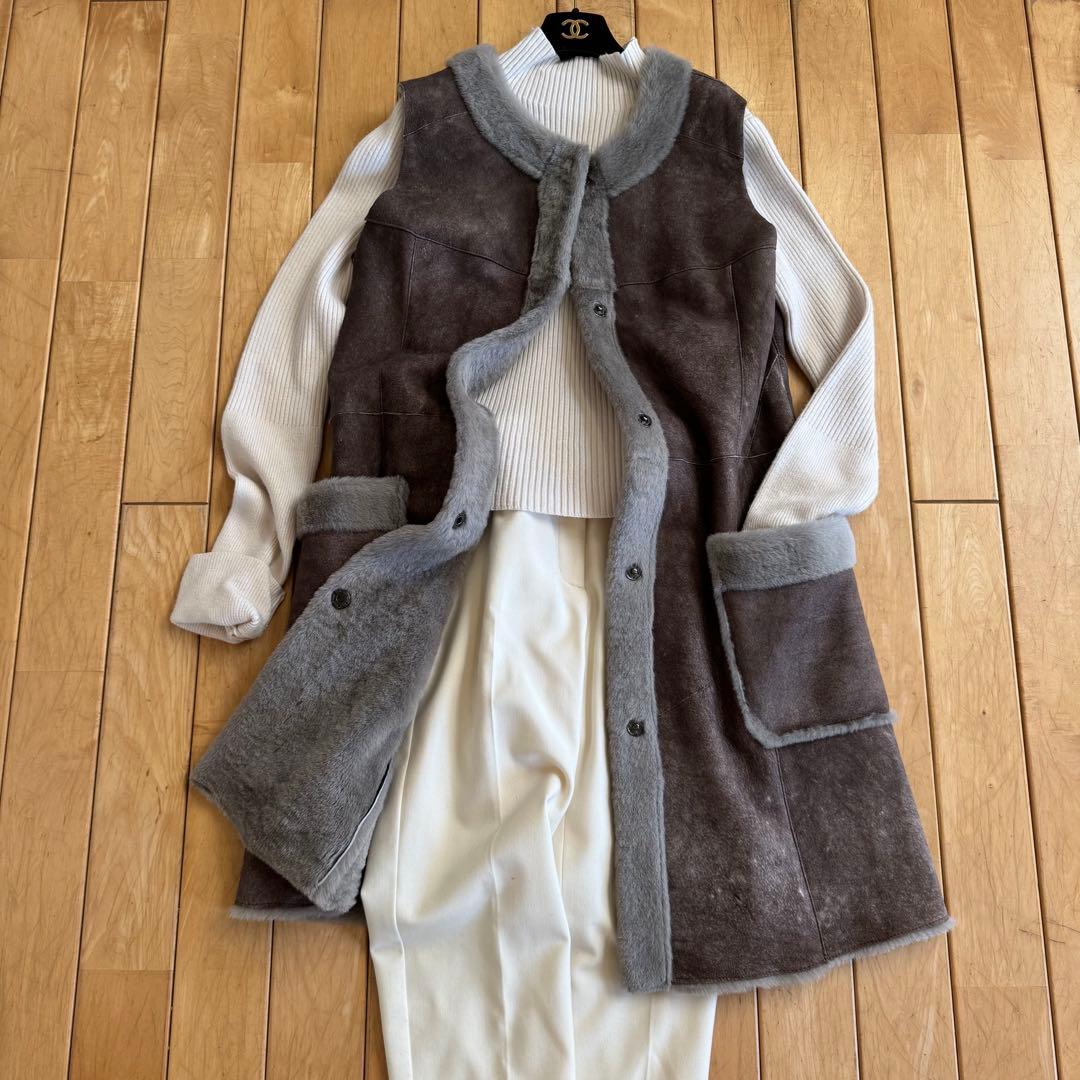 新品同様❣️イタリア製羊革シープスキンムートン　ロングジレベスト