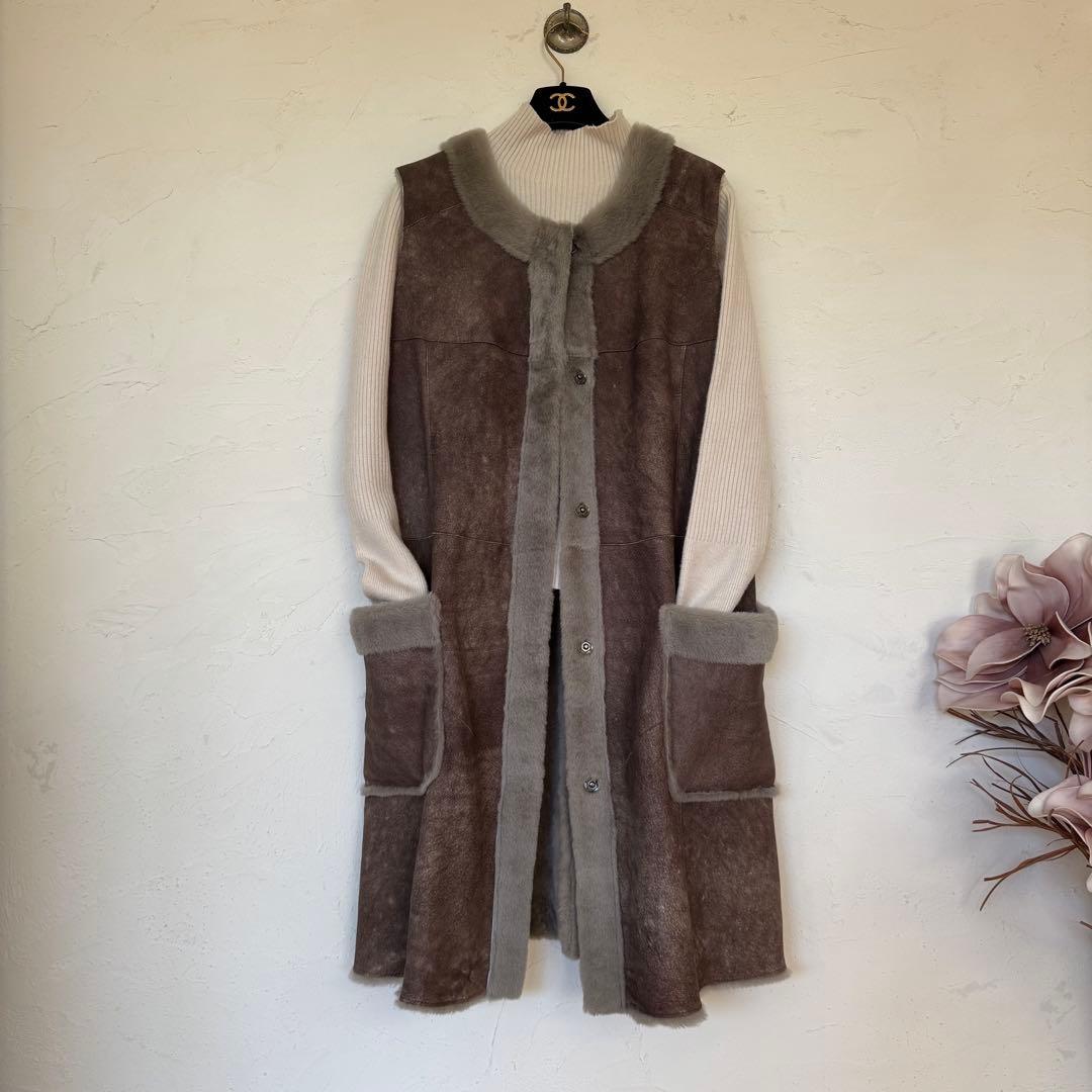 新品同様❣️イタリア製羊革シープスキンムートン　ロングジレベスト