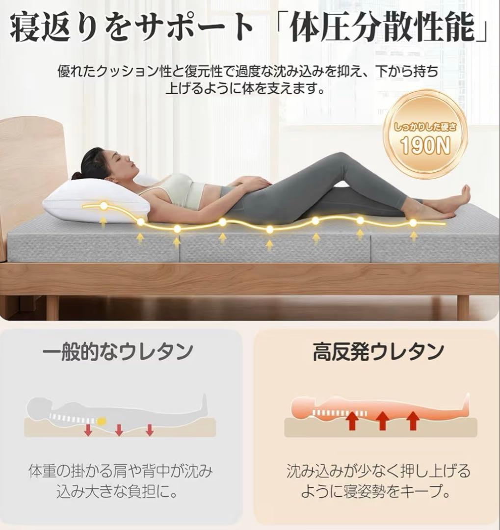 マットレス セミダブル 三つ折り 高密度36D 高反発 体圧分散 硬め 190N
