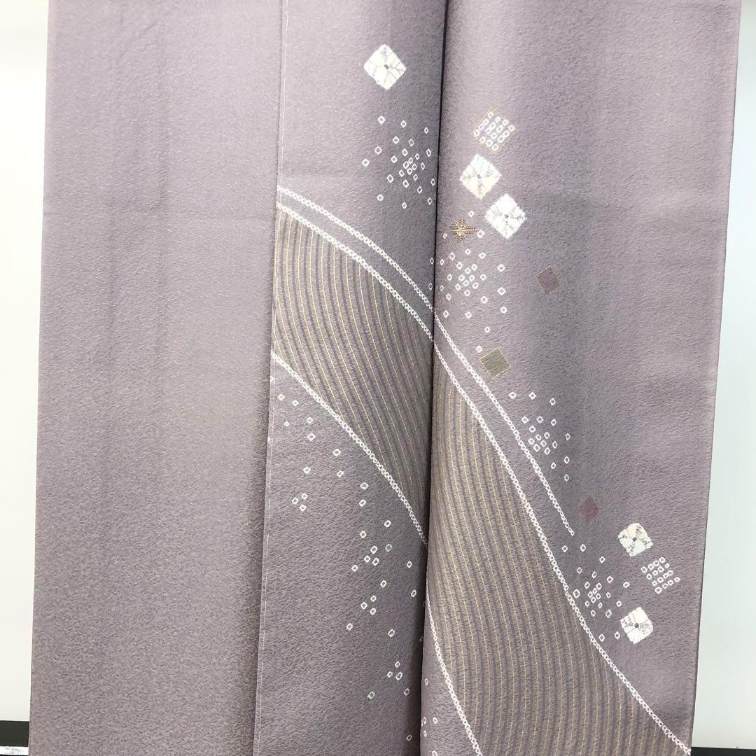 MK-1532 付下げ 絞り 刺繍 菱形 美しい曲線模様 紫鼠色 しつけ糸