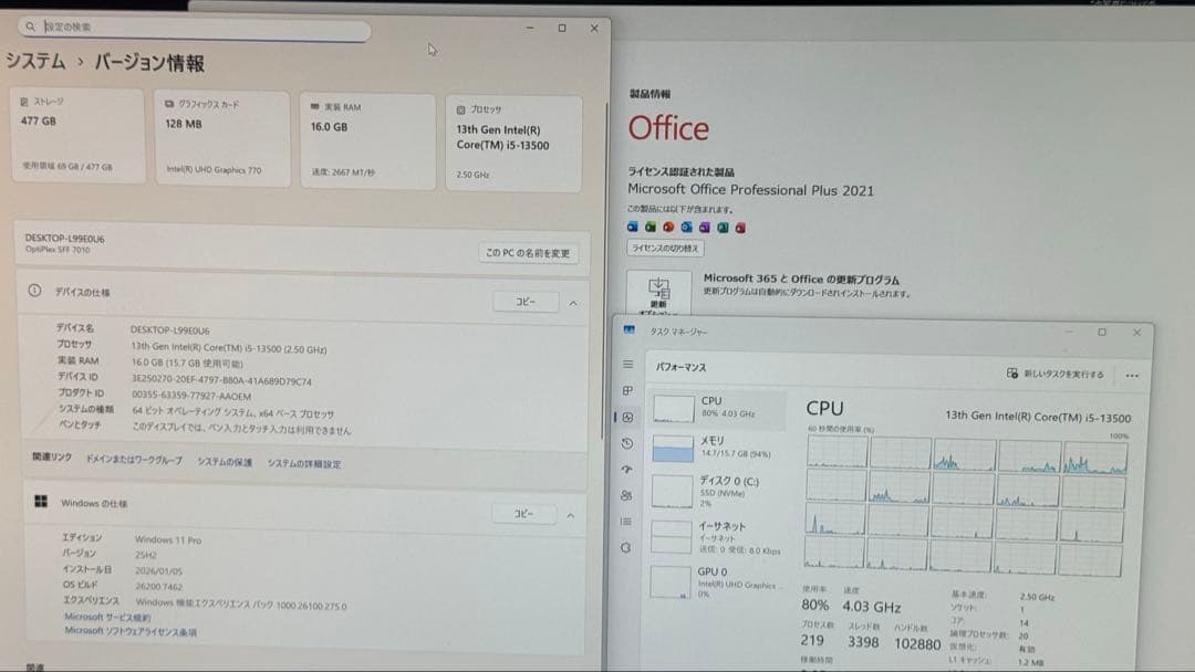 激安！Office搭載Win11 高性能PC 13世代 i5 16GB SSD