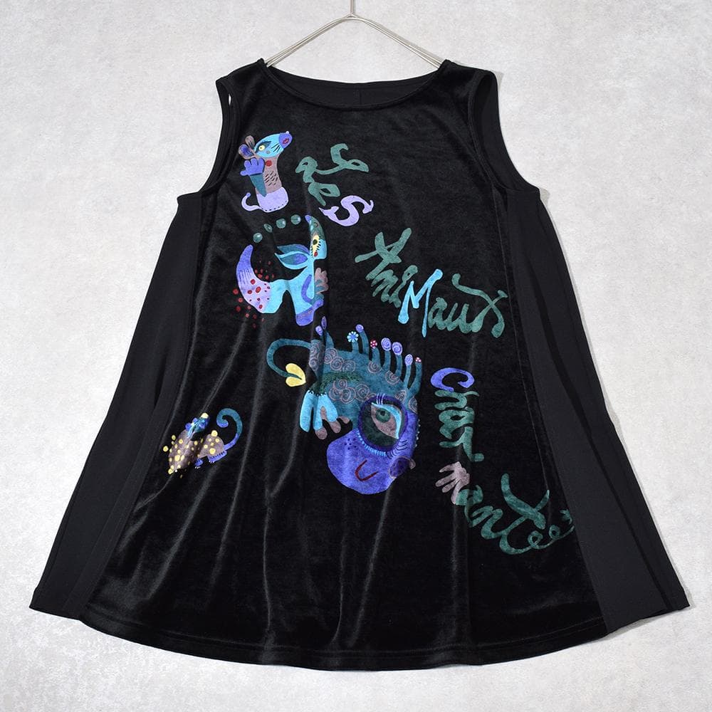 TOKUKO 1er VOL アートプリント ベロア Aライン チュニック 黒