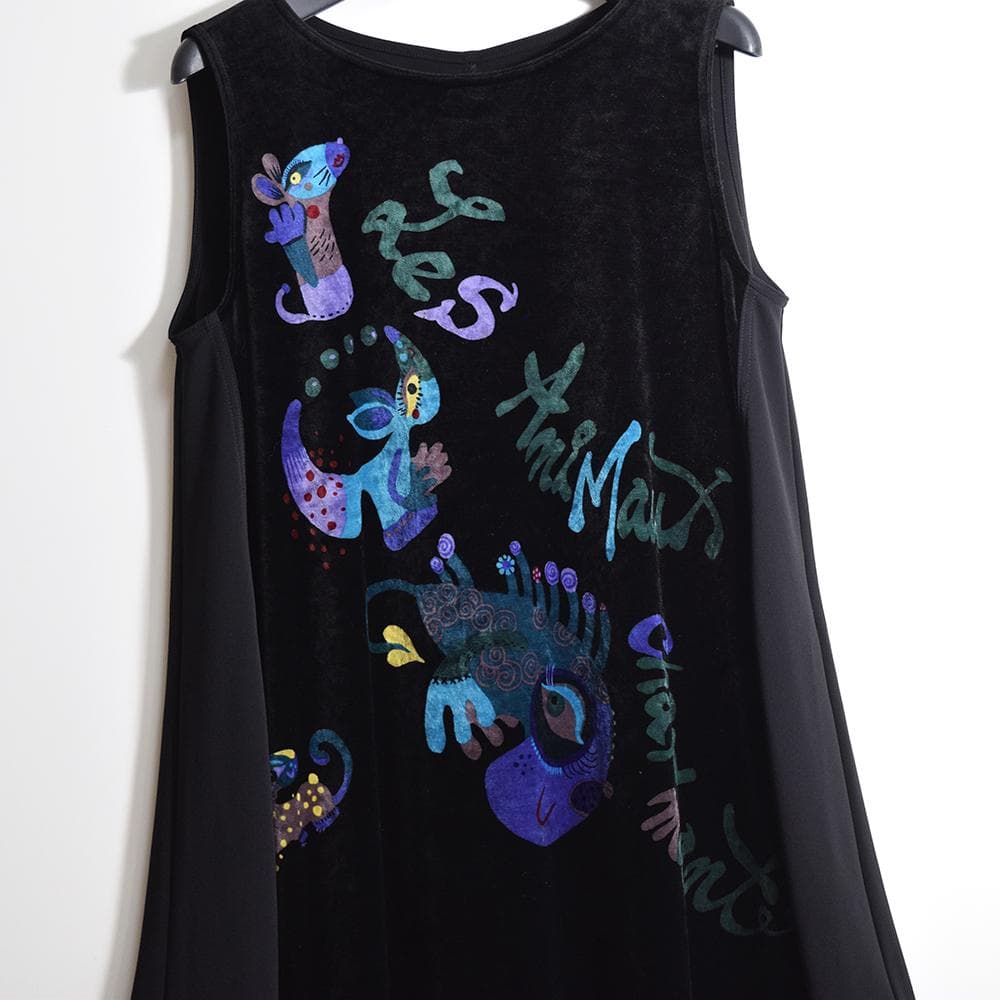 TOKUKO 1er VOL アートプリント ベロア Aライン チュニック 黒