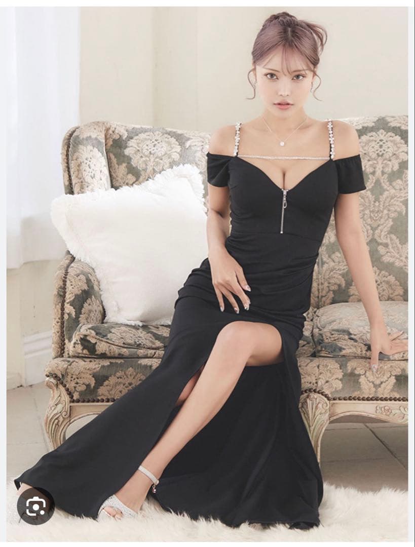 JEWELS ビジューキャミソールオフショルサイドスリットロングドレス L