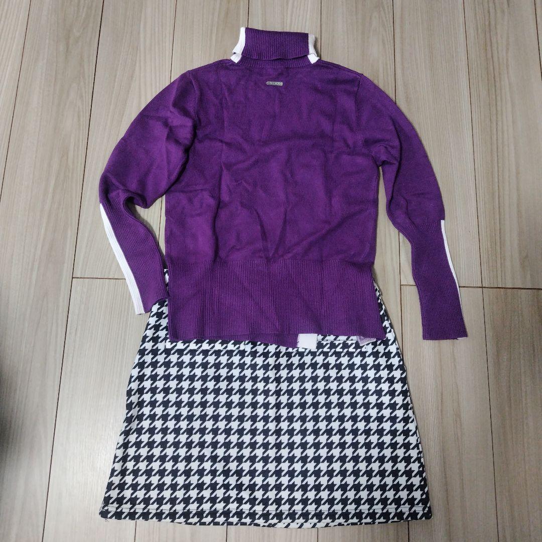 ☆デルソルゴルフ☆紫タートルセーターM 裏起毛スカートL セットアップ上下