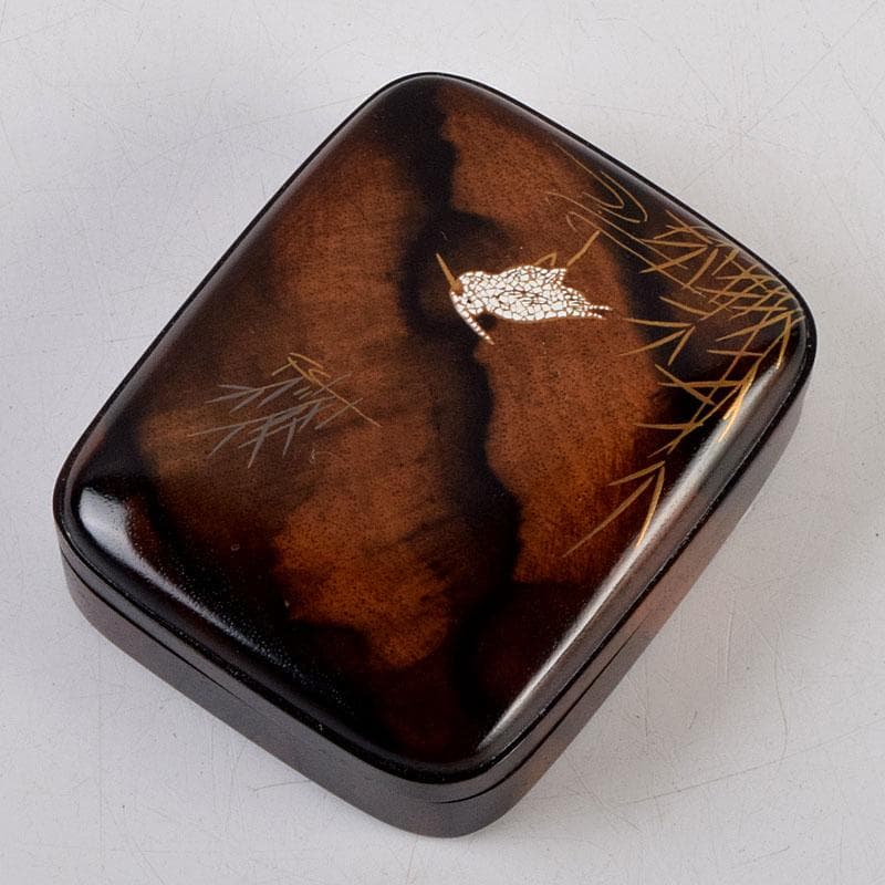 shellkid　井筒鳳斎　内金箔黒柿長四方香合鷺に芦　共箱　V　9126