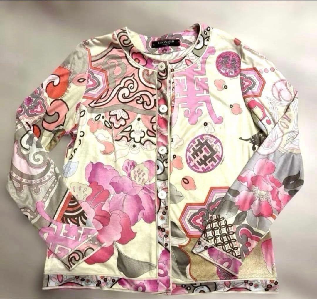 LEONARD レオナール　長袖 花柄ピンク系 カーディガン サイズL