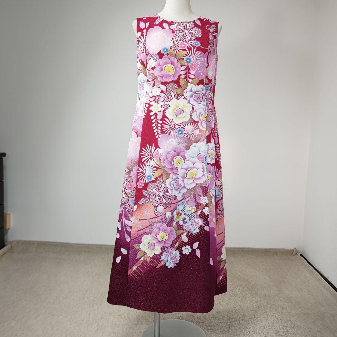 zunezune 振袖ドレス ノースリーブ 着物リメイク 赤